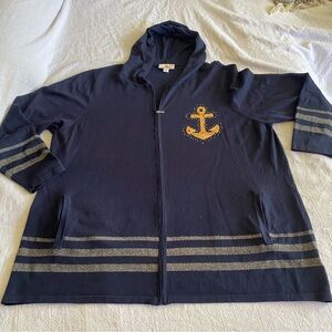 Quacker Factory Sequin Anchor Zip Hoodie Cardigan Navy Plus Size 2X